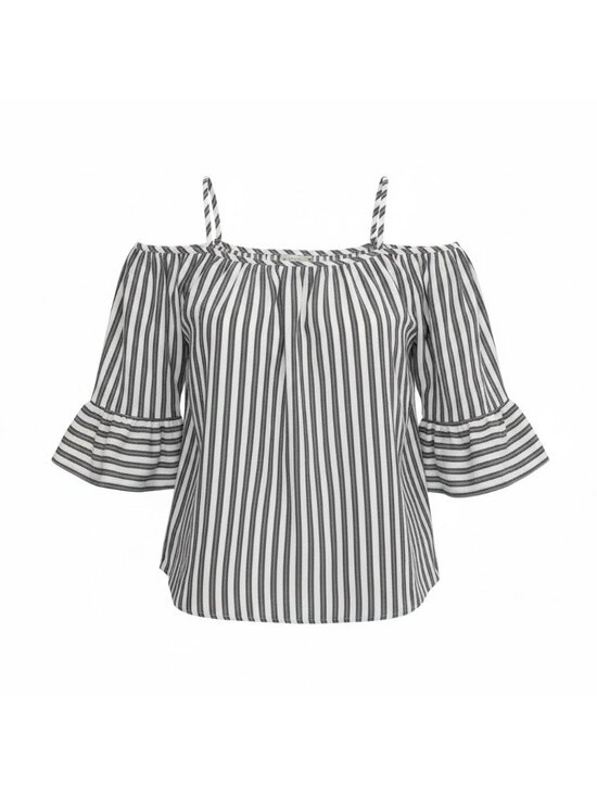 Polagram Tops - Cold Shoulder Top Women's Size S/P Black White Striped Ruffled Sleeves Cotton